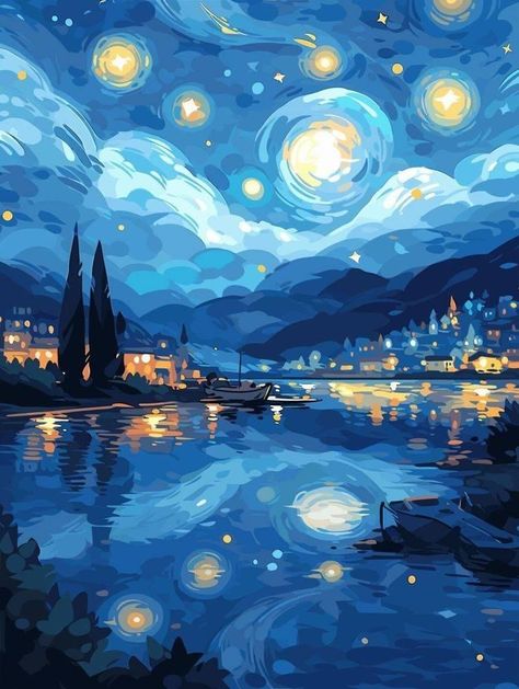 Samsung Themes, Stars And The Moon, الفن الرقمي, Arte Van Gogh, Kraf Diy, Dreamy Art, Anime Scenery Wallpaper, Cool Paintings, Scenery Wallpaper