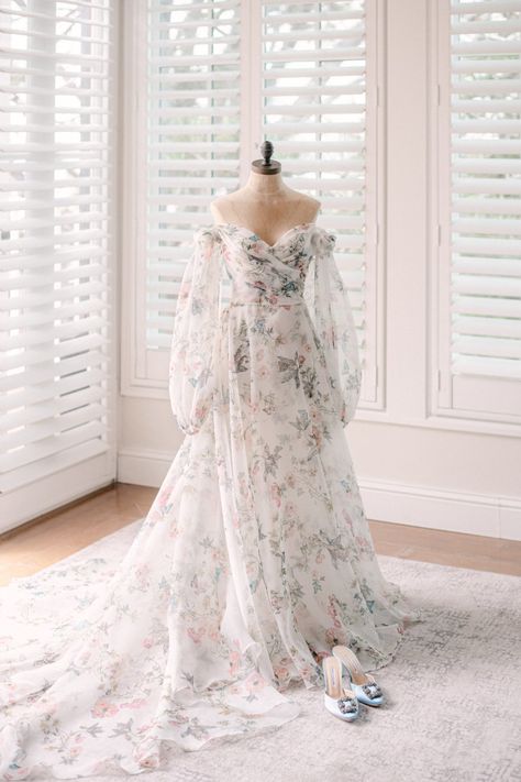 Boho Floral Wedding Dress, Wedding Dresses2023, Pink Floral Wedding Dress, Michael Carson, English Garden Party, Floral Print Wedding Dress, Pastel Wedding Dresses, Floral Embroidered Gown, European Wedding Dresses