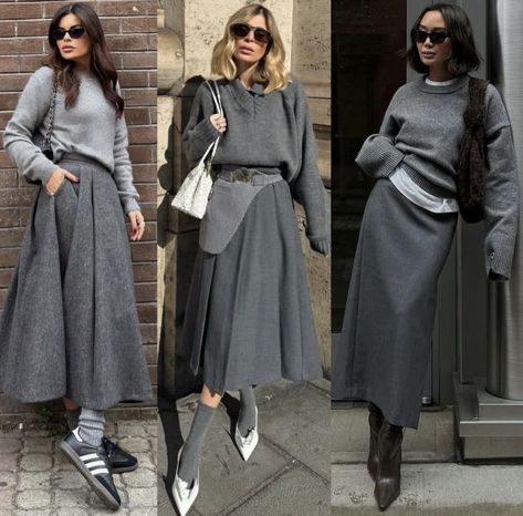 Grey Maxi Skirt Outfit, Gray Skirt Outfit, Grey Outfits, Maxi Skirt Winter, Grey Maxi Skirts, Trendy Outfit Ideas, Over 60 Fashion, Italy Outfits, Office Outfits Women