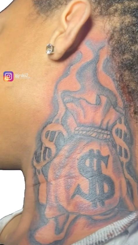 Money, neck tattoo Money Bag Tattoo On Neck, Money Bag Neck Tattoo, Money Neck Tattoos, Hood Neck Tattoo For Guys, Money Bag Tattoo, Dancer Lifestyle, Gangsta Tattoos, Elbow Tattoos, Neck Tattoo For Guys