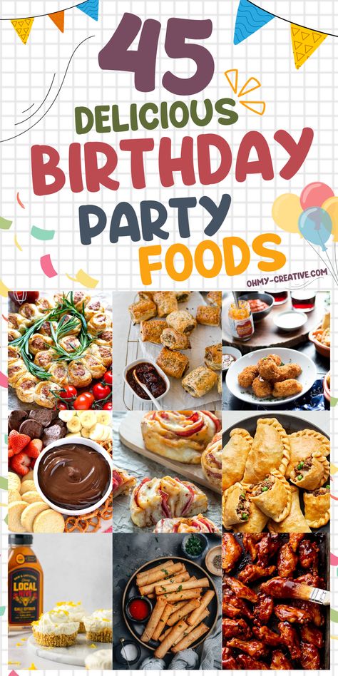 Looking to make your birthday celebration extra special? Check out these 45 delicious birthday party foods! Discover creative and easy-to-make options that will have everyone coming back for seconds. So gather your ingredients, follow our easy step-by-step guides, and get ready to host the ultimate birthday party menu. #BirthdayParty #PartyFoods #FoodIdeas #BirthdayPartyFoods #PartyPlanning Lunch Idea For Birthday Party, Recipes For Birthday Parties, Food Recipes For Birthday Party, Foods To Serve At A Birthday Party, Food Ideas For Kids Birthday Party, Easy Birthday Party Food For Kids, Birthday Party Dinner Food, Lunch Birthday Party Food, Birthday Party Meal Ideas