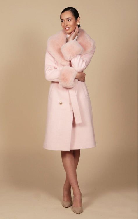 Winter Coats – Santinni Girly Winter Coat, Light Pink Fur Coat, Fur Dress Coat, Classy Coats For Women, Long Cashmere Coat, Wool Coat Aesthetic, Pink Work Aesthetic, Coat Boots Outfit, Winter Business Outfits For Women