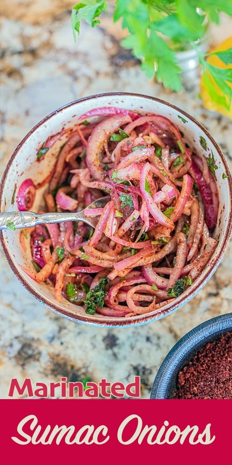 Sliced red onions and chopped parsley, marinated in a zesty dressing, with tart sumac powder, which gives the onions their amazing flavor! #sumaconions #marinatedonions #marinatedsumaconions #sumac #sumacrecipes #hildaskitchenblog Sumac Powder, Sumac Recipes, Sumac Onions, Grilled Kabob Recipes, Recipes Mediterranean, Middle East Recipes, Doner Kebab, Dipping Sauces, Lebanese Recipes