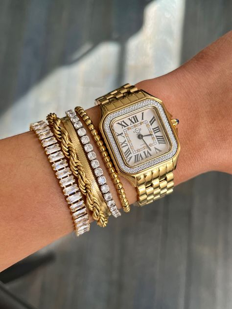 Classy Jewelry Stack, Hand Stacking Bracelet, Fine Jewelry Bracelet Stack, Gold Watch Bracelet Stack, Vintage Bracelet Stack, Gold Bracelet Stack With Watch, Gold Jewelry Quotes, Gold Watch And Bracelet Stack, Hold Jewelry Aesthetic