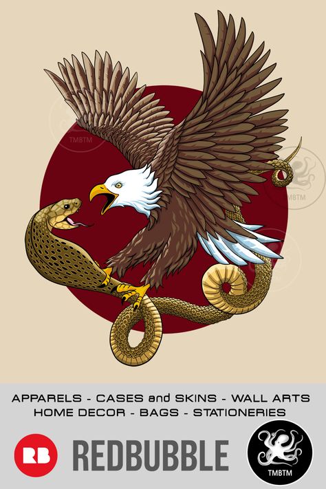 Eagle and Snake Battle. Illustration of a bald eagle fighting a snake (cobra). Available on T-shirt, mugs, bags, stickers, posters and many Redbubble's products. #redbubble #findyourthing #snakeandeagle #eagleandsnake #eagleshirt #eagletshirt #eaglegift #eaglelover Eagle Snake Drawing, Eagle With Snake, Eagle Vs Snake, Mexican Eagle With Snake, Battle Illustration, Eagle And Snake, Eagle Snake, Eagle Attacking Snake, Eagle Shirts