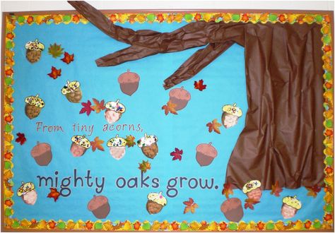 Fall/acorn bulletin board - the kids' faces are the acorns and then they decorate their acorn cap Acorn Bulletin Board, Rain Crafts, Display Boards For School, Bulletin Board Tree, November Bulletin Boards, Thanksgiving Crafts For Toddlers, Daycare Themes, Prek Crafts, Classroom Boards