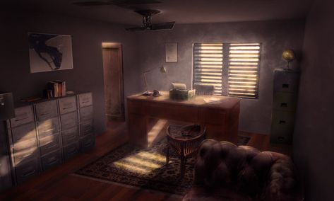 Detective office by https://www.deviantart.com/silberius on @DeviantArt Lovecraft Artwork, Investigation Room, Detective Room, Unfinished Wood Floors, Detective Office, Noir Detective, Detective Aesthetic, Private Eye, Escape Room