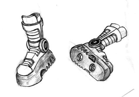 Rocket Boots! Rocket Shoes Concept Art, Space Boots Drawing, Rocket Boots Concept Art, Robot Boots, Boots Sketch, Cyberpunk Boots, Rocket Boots, Rex Dangervest, Futuristic Boots