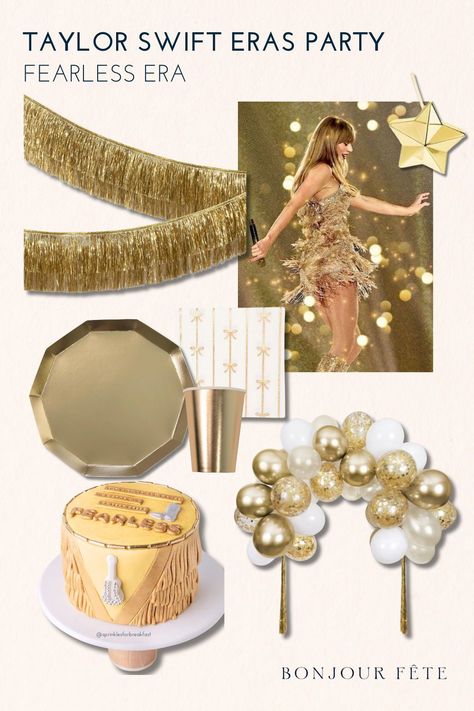 If you’re planning a Fearless party, we suggest stocking up on gold decorations and fairytale-inspired tableware. This gold tinsel garland resembles her Eras Tour Fearless dress and is a fabulous party decoration for any Taylor Swift-themed celebration. Baby, just say, "Yes!" Taylor Swift Fearless Party Theme, Fearless Themed Party, Fearless Taylor Swift Birthday Party, Taylor Swift Fearless Birthday Party, Taylor Swift Fearless Party, Fearless Birthday Party Taylor Swift, Fearless Themed Party Taylor Swift, Fearless Birthday Party, Golden Birthday Parties