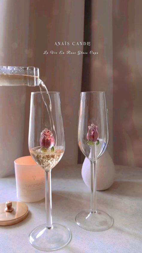 La Vie En Rose Champagne Glass Set of 2 - Handcrafted Rose Wine Glass Aesthetic, Cups Aesthetic, Rose Glasses, Unique Wine Glass, Unique Wine Glasses, Candle Ribbon, Roman Candle, Rose Champagne, Organic Forms