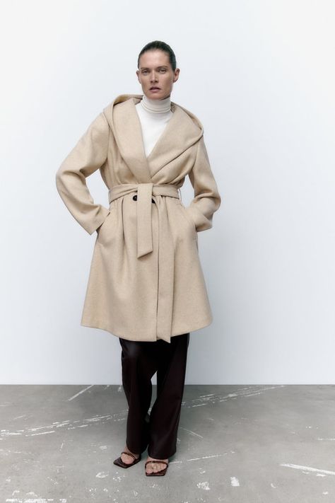 BELTED HOODED SOFT COAT - Black | ZARA United States Church Outfits Fall, Plush Coat, Zara Coat, Coat With Hood, Beige Coat, Fitted Coat, Belted Trench Coat, Camel Coat, Belted Coat