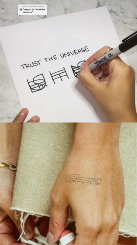 Trust the universe Trust The Universe Tattoo, Maybe Tattoo, Universe Tattoo, Trust The Universe, Tattoo Concepts, Tattoo Inspo, Hand Tattoos, Mens Bracelet, The Universe