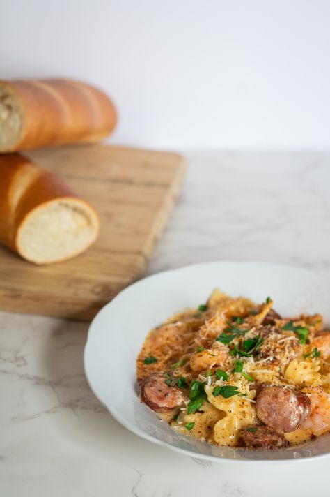 Cozy Cajun Shrimp & Sausage Bowtie Pasta — CookSnapBake.com Cajun Bowtie Pasta With Sausage, Cajun Bowtie Pasta, Bowtie Pasta With Sausage, Sausage Bowtie Pasta, Sausage Mac And Cheese, Shrimp And Andouille Sausage, Shrimp And Sausage Pasta, Bow Tie Pasta Recipe, Pasta With Sausage