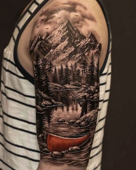 Mountain Sleeve Tattoo, Forest Tattoo Sleeve, Natur Tattoo Arm, Outdoor Tattoo, Scenery Tattoo, Shoulder Sleeve Tattoos, Hunting Tattoos, Nature Tattoo Sleeve, Men Tattoos Arm Sleeve