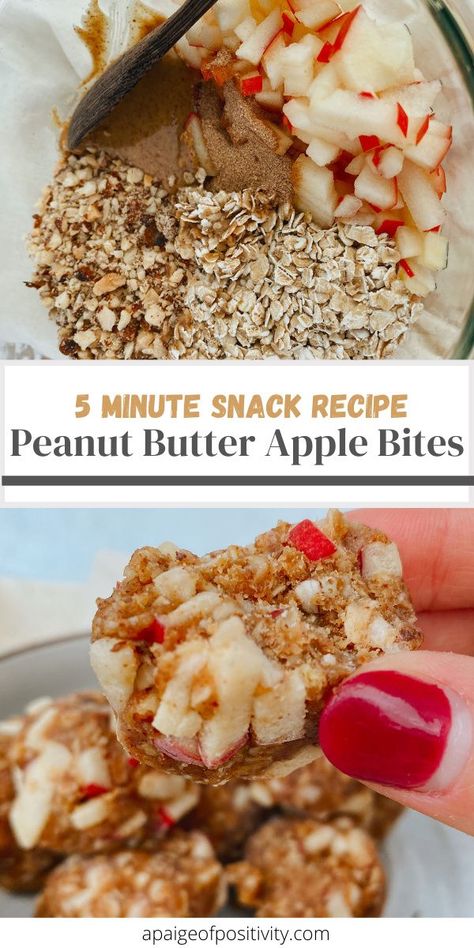 Peanut Butter Apple Cinnamon Energy Bites, there's just something about the salty peanut butter with sweet apple bits and the zing of cinnamon that makes these energy bites taste so. dang. delicious! Apple Cinnamon Bites, Peanut Butter Desserts Healthy, Apple Snacks Healthy, Cinnamon Peanut Butter, Cinnamon Snack, Cinnamon Bites, Peanut Butter Apple, Oats Snacks, Oatmeal Bites