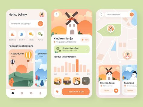 Travel App Exploration by Paperpillar on Dribbble Travel App Color Palette, Travel Ui Design Mobile App, Modern App Design, Travel App Ui Design, Travel App Design, Application Ui Design, Trip Planner App, App Map, App Design Layout