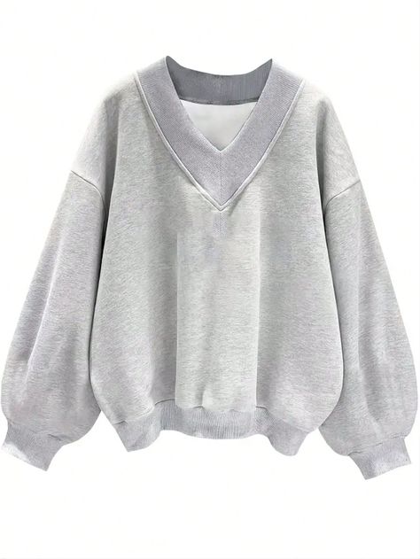 Casual & Simple Women's Oversize Grey V-Neck Loose Fit Sweatshirt Grey Casual  Long Sleeve Knitted Fabric Plain Pullovers Slight Stretch  Women Clothing, size features are:Bust: ,Length: ,Sleeve Length: Sporty Street Style, Crop Pullover, Oversize Pullover, Cropped Pullover, Women Sweatshirts, Workout Sweatshirt, Korea Fashion, Solid Clothes, Fashion Korean