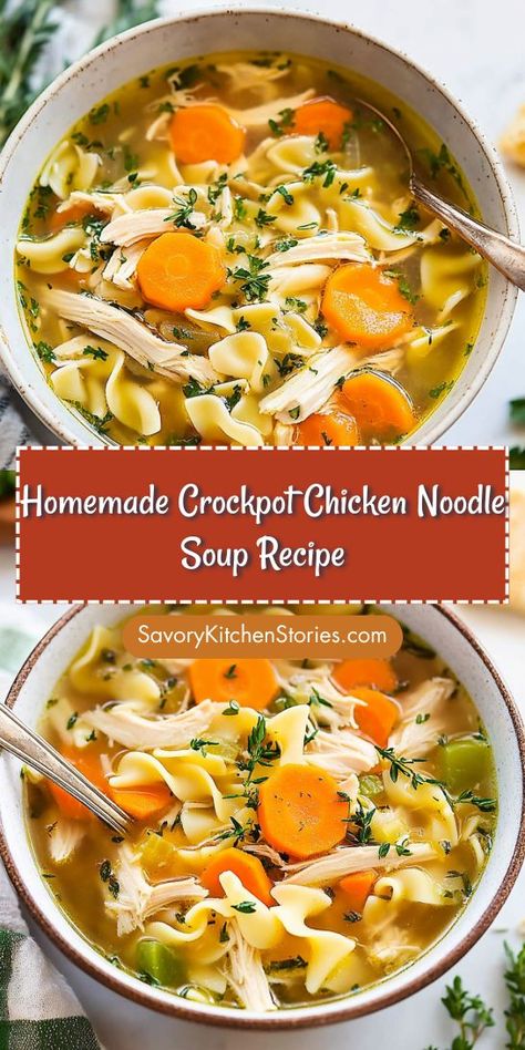 Searching for the ultimate comfort food? This Homemade Crockpot Chicken Noodle Soup Recipe is packed with flavor and made easy in your slow cooker! Perfect for busy days or cozy nights, be sure to save this recipe for a delightful meal whenever you need a pick-me-up. Crockpot Chicken Noodle Soup Recipes, Crockpot Chicken Noodle Soup, Sick Food, Chicken Noodle Soup Crock Pot, Slow Cooker Potato Soup, Chicken Noodle Soup Recipe, Homemade Chicken Noodle, Cooked Meal, Chicken Noodle Soup Homemade