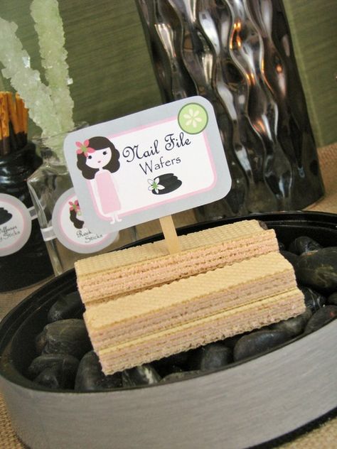 Food for a spa party; Nail File Waffers Spa Party Foods, Spa Birthday Party Ideas, Spa Sleepover, Spa Sleepover Party, Spa Day Party, Backyard Spa, Nail Party, Spa Birthday Party, Kids Spa Party