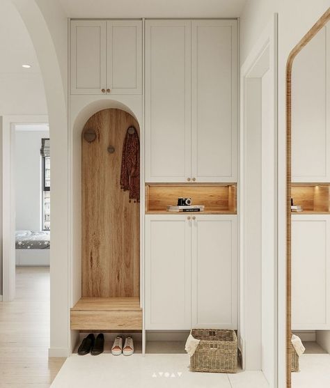 Scandinavian Foyer, Hallway Seating, Shoes Cabinet, Hall Cabinet, Mud Room Entry, Condo Interior Design, Small Apartment Kitchen, Condo Interior, Home Hall Design