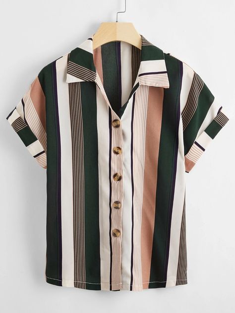 Colorful Stripe Button Up Shirt | SHEIN USA Strip Blouse, Masc Outfits, Men Fashion Casual Outfits, Button Up Blouse, Nice Shorts, Short Sleeve Button Up, Plus Size Blouses, Outfits Casuales, Short Sleeve Blouse