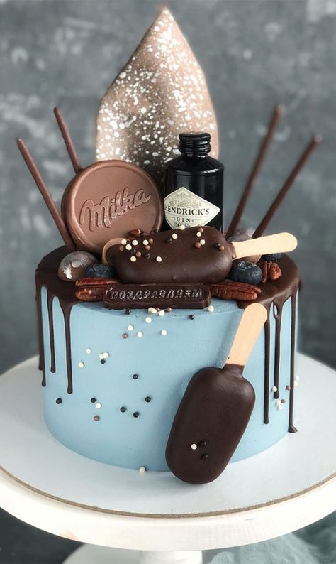 Cake With Cakesicles On Top, Blue And Chocolate Cake, Blue Cake With Chocolate Drip, Blue Chocolate Cake, Blue Cake Decoration, Blue Cake Ideas Birthday, Cake With Chocolate Drip, Cute Cake Ideas, Sprinkle Drip Cake