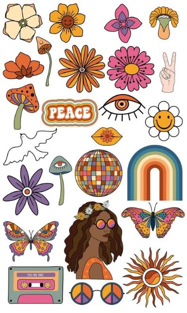 Vinyl Decal Stickers Wall Art, Groovy Stickers Aesthetic, Things To Stick On Your Wall, Sticker Board Ideas, Hippie Drawings Easy, Retro Stickers Aesthetic, 70s Tattoo Ideas, 70s Stickers, Cute Flower Stickers