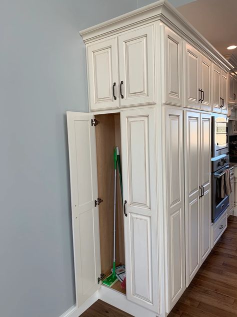 Side Load Broom Closet | Kitchen Cabinets Photo Gallery Kitchen Broom Closet, Broom Closet On End Of Cabinet, Broom Closet Pantry, Broom Closet Cabinet Built Ins, Broom Cabinet Kitchen, Broom Closet Kitchen Cabinet, Side Of Pantry Cabinet Ideas, Shallow Broom Closet, Side Cabinet Broom Closet