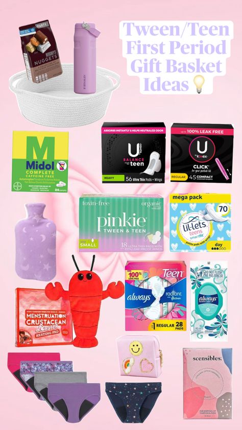 #mom #momlife #teen #tween #teenager #girly #life #period #family #selfcare First Period Gift Basket My Daughter, Period Gift Basket, Period Basket, Teen Period Kit, Period Starter Kit, Period Party, First Period Kits, Parenting Daughters, Hershey Nugget