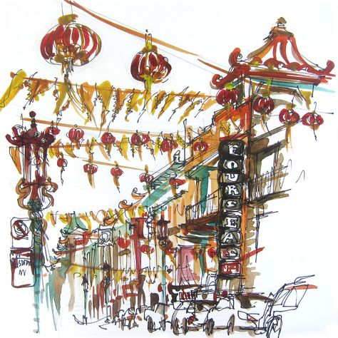 Chinatown sketch San Francisco Chinatown, Chinatown San Francisco, Gold Lanterns, Watercolor Red, Chinese Architecture, Watercolor Sketch, Travel Art, Original Watercolors, Fine Art Print