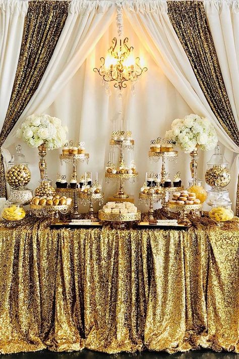 50th Birthday Dessert Table, Gold Cake Table, Birthday Dessert Table, Gold And White Cake, 50th Wedding Anniversary Decorations, Dessert Table Birthday, Birthday Dessert, 50th Wedding Anniversary Party, Wedding Anniversary Decorations