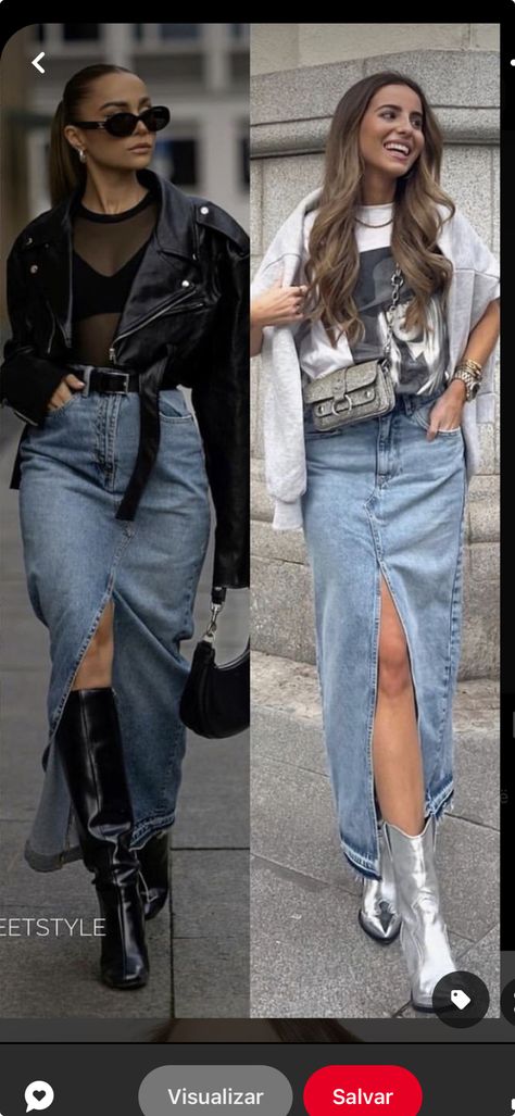 European Fashion Spring Street Style, Fall 2023 Style Trends, Denim Maxi Skirt Outfit Fall 2023, Trendy Fall Outfits 2023 Street Style, Mid Jean Skirt Outfits, Wide Leg Overalls Outfit, Denim Maxi Dress Outfit, Jean Skirt Fall Outfits, Styling Vs Wearing