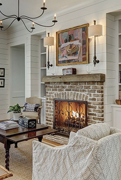 Brick Fireplace Without Hearth, Brick Fireplace Shelves, Red Brick And Shiplap Fireplace, Brick Mantle Ideas, Simple Brick Fireplace, White Shiplap Walls With Fireplace, Brick With Shiplap Fireplace, White Wash Brick Fireplace With Shiplap, Small Brick Fireplace Makeover