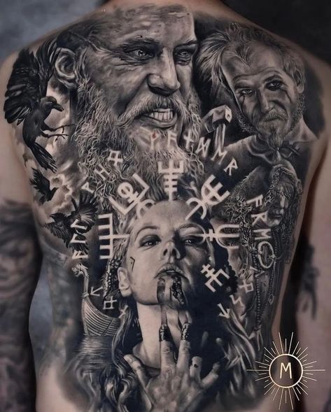 Vikings Tattoo on Back - Best Tattoo Ideas Gallery Ragnar Lothbrok Tattoo, Viking Tattoos For Men, Back Tattoo Women Spine, Ragnar Vikings, Viking Warrior Tattoos, Norse Mythology Tattoo, Valkyrie Tattoo, Viking Tattoo Symbol, Viking Tattoo Sleeve