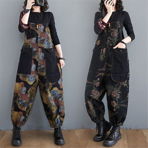 Retro Trousers, Cotton Overalls, Suspenders For Women, Suspender Pants, Print Denim, Fashion Autumn, New Retro, Floral Denim, Abstract Flower