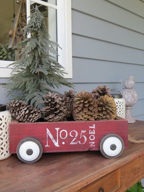 Little Red Christmas Wagon Christmas Wagon Decor, Wagon Decor, Christmas Wagon, Nivea Cream, Christmas Booth, Farmhouse Fabric, Fabric Christmas Trees, Red Wagon, Christmas Decorations Diy Outdoor