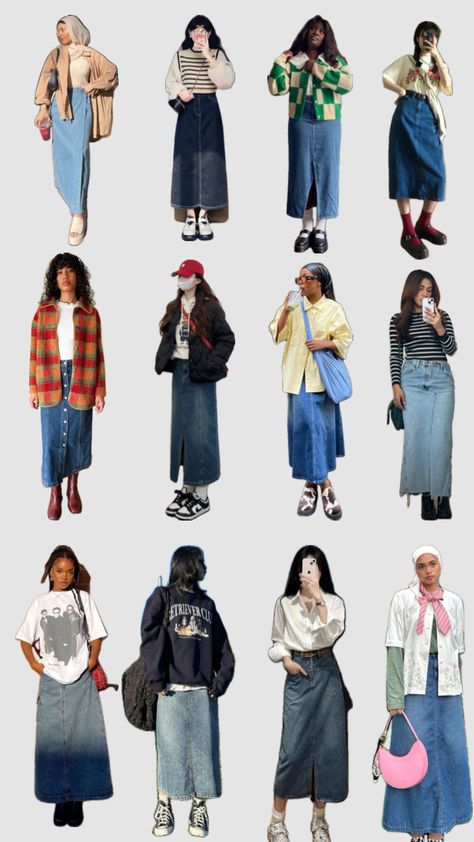 #outfitinspo #inspo #inspiration #fashion #inspoboard #beauty #jeanskirt #jeans #modestfashion Modest Outfits Casual Pants, Denim Skirt Styling Ideas, Jean Skirt Office Outfit, Cute Long Jean Skirt Outfits, Denim Skirt 2000s Outfit, Streetwear Fashion With Skirt, Light Jean Skirt Outfit, Long Skirt Outfits 2024, Long Jean Skirt Fall Outfits