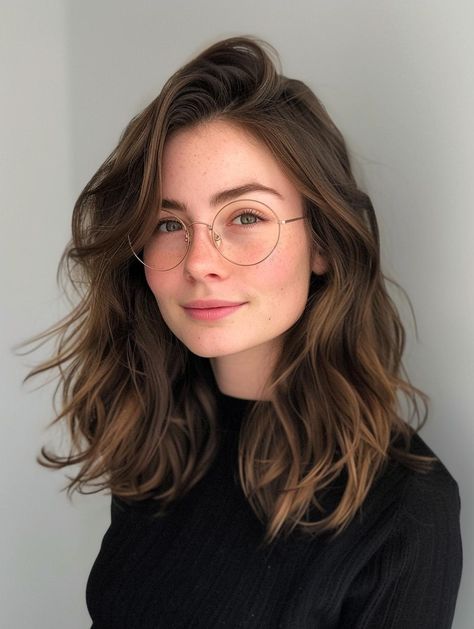 Best Hairstyles for Round Faces: From Sleek Ponytails to Elegant Bridal Styles Trendy Haircut For Round Faces, Mid Length Hair With Glasses, Curtain Bangs Glasses Round Face, Hair With Glasses Hairstyles, Mid Length Curly Haircuts For Round Faces, Curtain Bangs And Glasses, Round Head Hairstyles, Glasses And Bangs, Hairstyles For Glasses