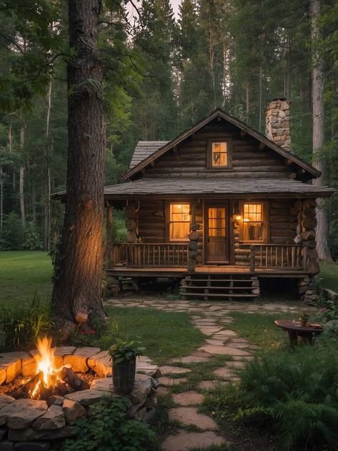 Cabin In Forest Aesthetic, Family Cabin Exterior, Woods Landscaping Ideas, Small Cabin Exterior, Chalet Aesthetic, Cottages In The Woods, Homestead Cabin, Facts About Halloween, Cabin Houses