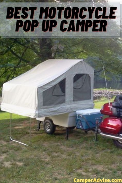 Hybrid Pop Up Camper, Enclosed Motorcycle Trailer Ideas, Motorcycle Camper Trailer, Motorcycle Tent Trailer, Small Pop Up Campers, Pop Up Camper Roof Rebuild, Pull Behind Motorcycle Trailer, Motorcycle Campers, Tent Trailer