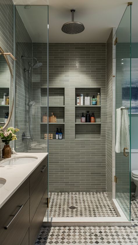 23 Half Wall Shower Ideas for Master Baths, Walk-Ins, and Small Bathrooms | Shower Design Inspiration Walk In Shower With Corner Seat, Built In Shower Storage Ideas, Storage Next To Shower Stall, Small Walk In Shower Ideas Half Walls, Vanity Against Shower Wall, Walk In Shower Storage Ideas, Shower Next To Vanity, Built In Shower Shelves, Tiled Walk In Showers