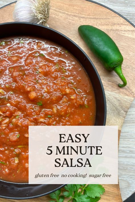 Make your own super fresh salsa using simple ingredients. All you need is a small food processor (or immersion blender) and less than 5 minutes to blend up the ingredients. I used canned diced tomatoes, an onion, jalapeno, salt and fresh cilantro. The result is a tasty, better than store bought salsa. Immersion Blender Salsa, Jalapeno Salt, Salsa Recipe With Fresh Tomatoes, Salsa With Canned Tomatoes, Immersion Blender Recipes, Bacon Wrapped Stuffed Jalapenos, Canned Diced Tomatoes, Emulsion Blender, Shredded Brussel Sprout Salad