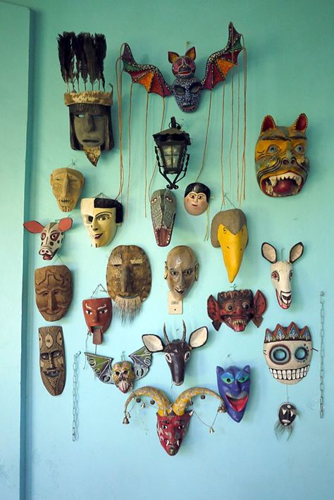 Wall of Masks - Oaxaca, Mexico Mexican Mask, Ceramic Mask, Masks Art, African Masks, Arte Popular, Mexican Art, Mexican Folk Art, Art Plastique, Clay Crafts