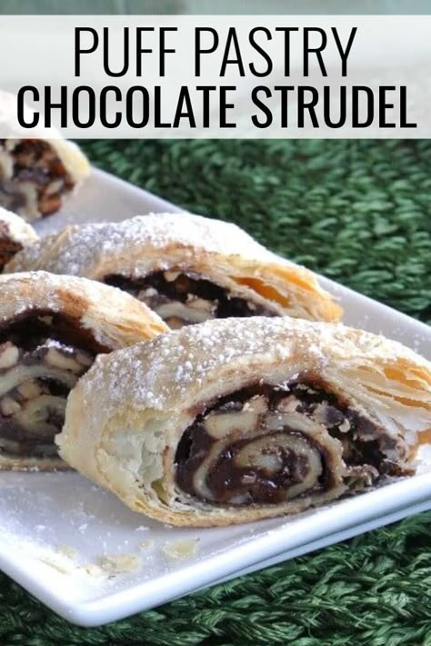 Chocolate Strudel, Puff Pastry Chocolate, Decadent Dinner, Puff Pastry Recipes Dessert, Breakfast Chocolate, Chocolate Puff, Pastry Ideas, Pastries Recipes Dessert, Strudel Recipes