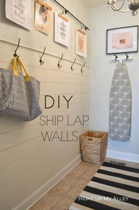 Right up my alley: DIY Ship Lap Wall Diy Ship Lap, Mudroom Hooks, Laundry Room/mud Room, Pants Hangers, Trouser Hangers, Ship Lap, Stripe Rug, Farmhouse Laundry, Diy Shiplap