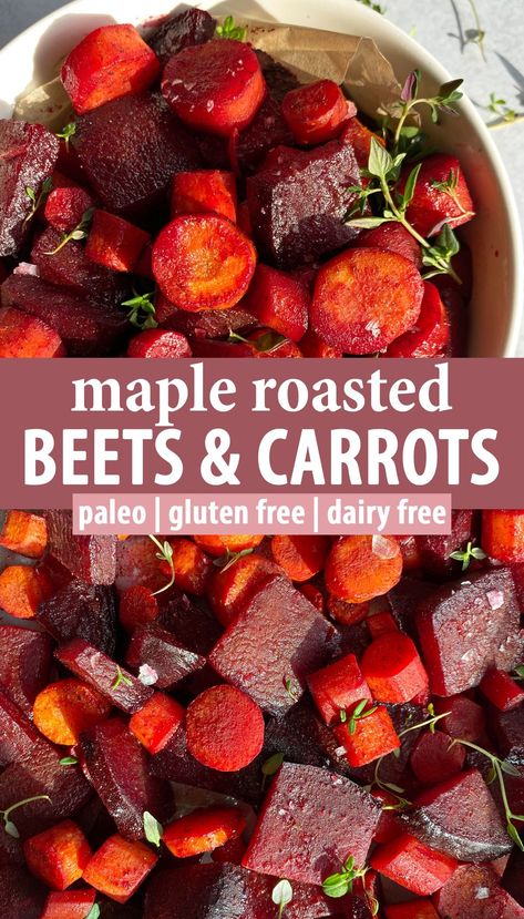 These maple roasted beets and carrots are a healthy dinner side dish packed with flavor. This recipe is made with thinly sliced beets and carrots that are coated in maple syrup and cinnamon, baked in the oven and then topped with flaked salt and fresh thyme. These baked beets and carrot are paleo friendly, gluten free and dairy free. Carrots And Beets Recipe, Best Beets, Maple Roasted Beets And Carrots, Sweet Potato Beets Roasted, Beets Carrots Recipe, Roasted Beets With Lemon-tahini Dressing, Roasted Carrots And Beets Oven, Baked Carrots And Potatoes, Carrot Baked Recipes