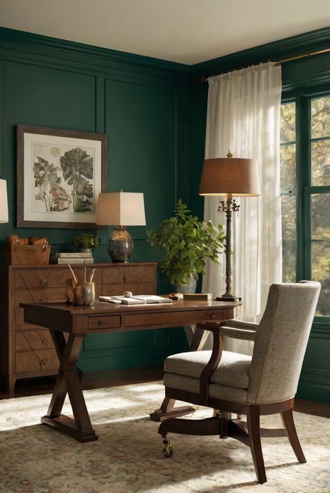 Explore the best color combinations for 2024 inspired by nature's bounty. Dive into our daily routine as interior designers, focusing on Sycamore Grove (BM 2147-30): Grove Green for a refreshing touch. #Ad #homedecor #homedesign #trendgirlApartment #Painthome #interiorarchitecture Wall Colors Green Room Colors Bright Room office Colors Apartment Renovation Home office Remodeling Modern Paint Colors 2024 Mobile Office Ideas, Green Room Colors, Green Study, Green Home Office, Green Home Offices, Paint Colors 2024, Best Color Combinations, Best Decor Ideas, Green Wall Color