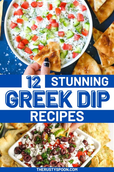 Greek Dip Recipes Layered Greek Dip Recipe, Greek Finger Food Party Appetizers, Mediterranean Dips Recipes, Greek Appetizers For Party, Mediterranean Dips Appetizers, Meditterean Appetizers, Greek Dips Recipes, Mediterranean Dips And Spreads, Mediterranean Diet Appetizer Recipes