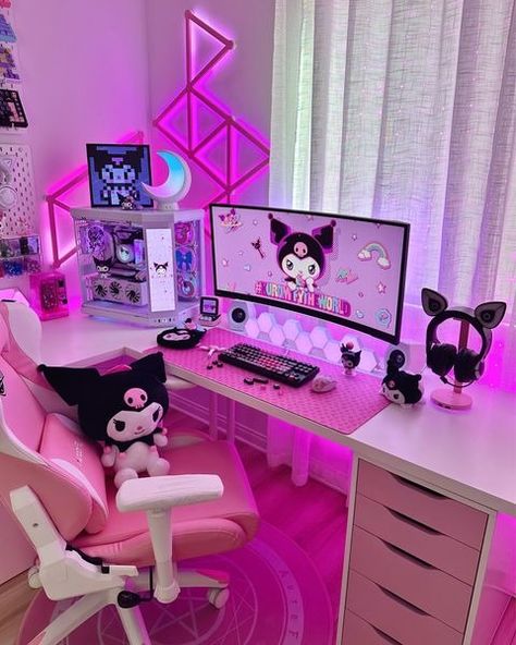 All posts • Instagram Black And Pink Desk Setup, Pink Desk Setup, Office Anime, Gaming Bedroom, Gaming Desk Setup, Adorable Anime, Cozy Gaming, Gaming Space, Cozy Desk