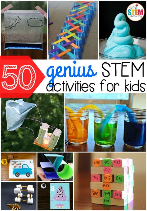 50 genius science activities- some of these are STEM, some are just science experiments. Stem Kindergarten, Vetenskapliga Experiment, Stem Activities For Kids, Steam Ideas, Preschool Stem, Teaching Stem, Math Stem, Stem For Kids, Kindergarten Science